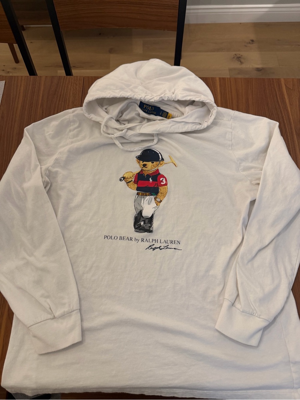 Ralph Lauren White Polo Bear Hooded Sweatshirt with Red & Navy Accent
